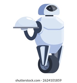 Modern robot waiter is holding a covered tray, symbolizing the future of the food service industry