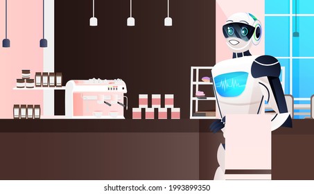 modern robot waiter standing in cafe artificial intelligence technology concept rstaurant interior