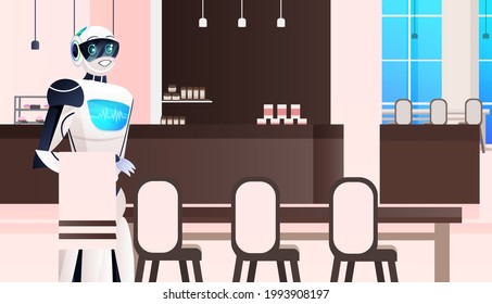 modern robot waiter standing in cafe artificial intelligence technology concept rstaurant interior
