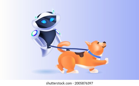 modern robot walking with dog artificial intelligence technology concept