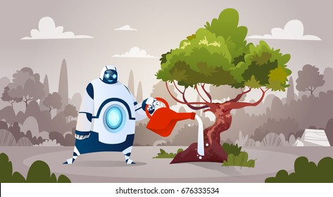 Modern Robot Watering Tree In City Park Artificial Intelligence Technology Concept Flat Vector Illustration