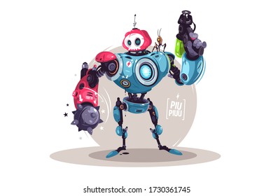 Robot moderno con ilustración vectorial de arma. Un robot futurista sostiene un diseño de cañón plano. El concepto de tecnologías robóticas más reciente. Aislado sobre fondo blanco