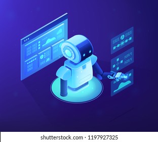 Modern robot working with analytics data pie charts and graphs. Bot marketing, automated data analysis, automated data collection concept. Ultraviolet neon vector isometric 3D illustration.