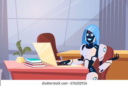 Modern Robot Working In Office Sitting At Desk Artificial Intelligence Technology Concept Flat Vector Illustration