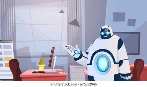 Modern Robot Working In Office Sitting At Desk Artificial Intelligence Technology Concept Flat Vector Illustration