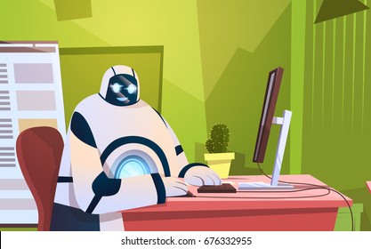 Modern Robot Working In Office Sitting At Desk Artificial Intelligence Technology Concept Flat Vector Illustration