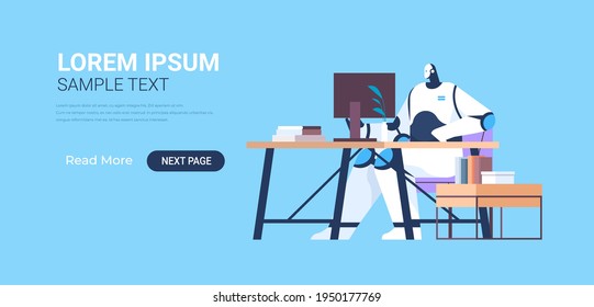 modern robot working on computer at workplace artificial intelligence technology concept