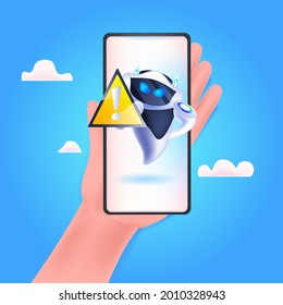 modern robot with yellow triangle sign with exclamation mark running out of charge artificial intelligence technology