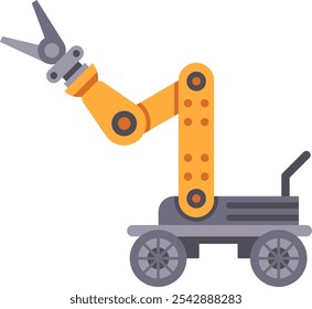 Modern robotic arm extending from mobile platform, demonstrating automation and advanced technology in industrial or manufacturing setting