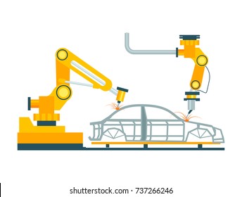 Modern Robotic Car Manufacturing Process. Modern Engineering Systems, Automobile Production Line, Automotive Assembly Line Vector Illustration.