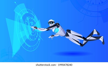 modern robotic character touching digital hologram artificial intelligence technology concept