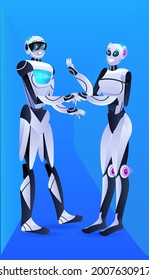 modern robotic characters shaking hands robots discussing during meeting partnership agreement artificial intelligence