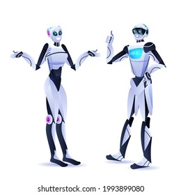 personajes robóticos modernos junto a robots discutiendo durante la reunión de tecnología de inteligencia artificial