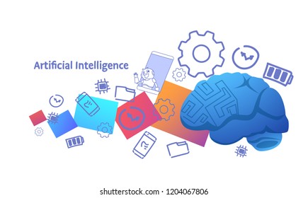 modern robotic digital technology assistance artificial intelligence concept brain icon sketch doodle horizontal vector illustration