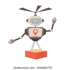 Modern robotic express delivery service vector flat illustration. Cute robot courier carrying parcel to customer. Drone fast delivery. Artificial Intelligence, technological logistics, and shipment.