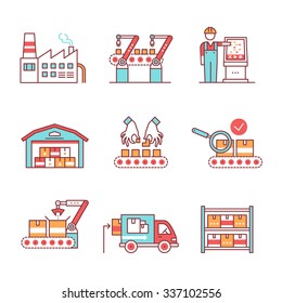 Modern Robotic And Manual Manufacturing Assembly Lines. Packaging, Loading And Warehouse Inventory. Thin Line Art Icons Set. Flat Style Illustrations Isolated On White.
