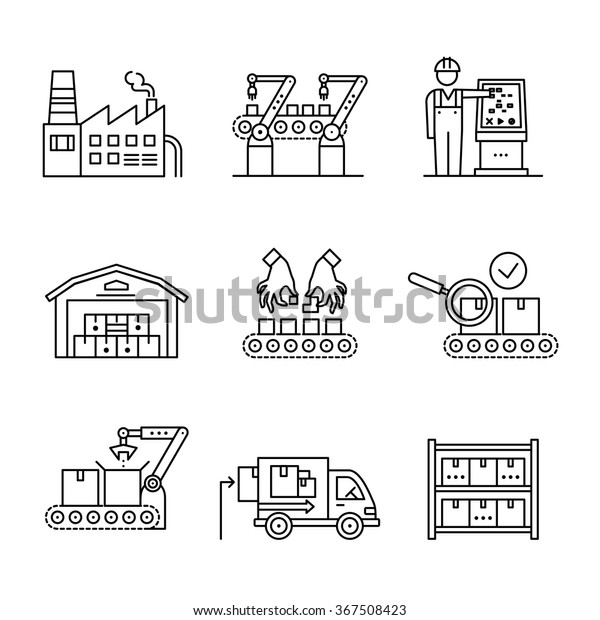 Modern robotic and\
manual manufacturing assembly lines. Packaging, loading and\
warehouse inventory. Thin line art icons set. Linear style\
illustrations isolated on\
white.