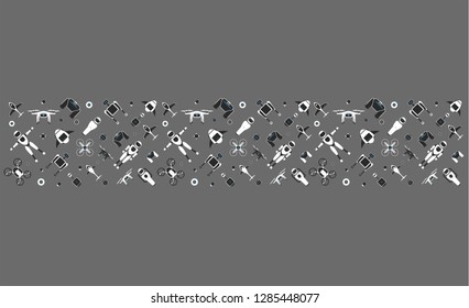 Modern robotic panoramic vector illustration background with stylish robot, drone, autonomous vehicle, flying car and smart home assistant Future concept elements design