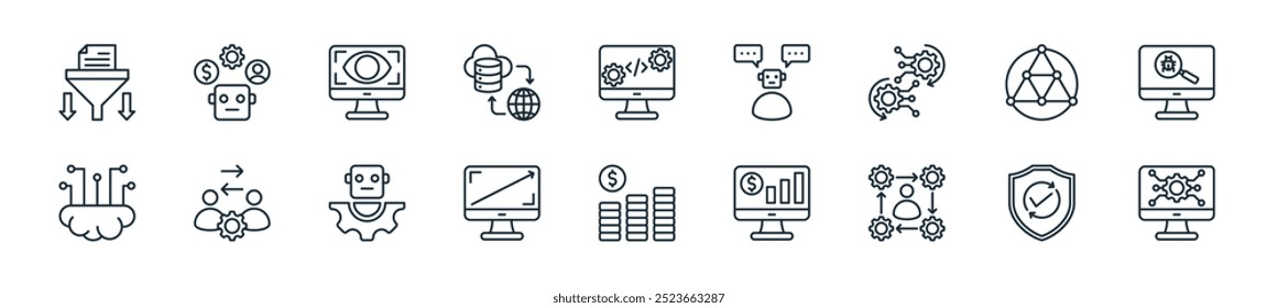 modern robotic process automation icon pack. perfect for linear ui designs featuring vector software, reliability, workflow, financial report, cost, resolution, robotic and more icons for mobile and
