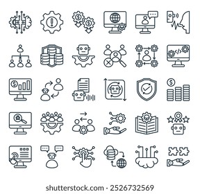 modern robotic process automation icon pack. perfect for linear ui designs featuring vector solution, artificial intelligence, web hosting, digital transformation, chatbot and more icons.