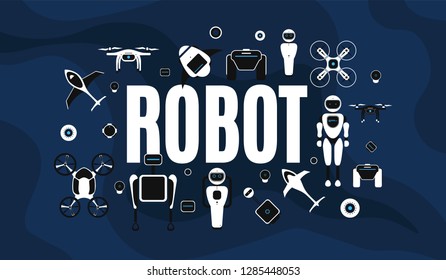 Modern robotic set vector illustration background with stylish robot, drone, autonomous vehicle, flying car and smart home assistant Future concept elements design