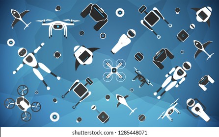 Modern robotic set vector illustration background with stylish robot, drone, autonomous vehicle, flying car and smart home assistant Future concept elements design