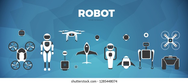 Modern robotic set vector illustration background with stylish robot, drone, autonomous vehicle, flying car and smart home assistant Future concept elements design