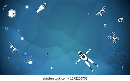 Modern robotic set vector illustration background with stylish drone, autonomous vehicle, flying car and humanoid robot. Future concept elements with copy space