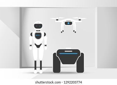 Modern robotic set vector illustration background with stylish robot, drone, autonomous vehicle, smart home assistant Future concept elements design