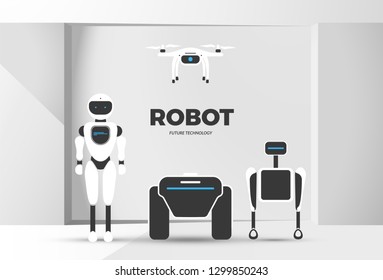 Modern robotic set vector illustration background with stylish robot, drone, autonomous vehicle, smart home assistant Future concept elements design