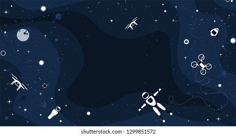 Modern robotic set vector illustration background with stylish drone, autonomous vehicle, flying car and humanoid robot. Future concept elements with copy space