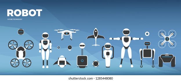 Modern robotic vector illustration background with stylish robot, drone, autonomous vehicle, flying car and smart home assistant. Future concept elements design