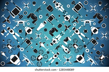 Modern robotic vector illustration background with stylish robot, drone, autonomous vehicle, flying car and smart home assistant Future concept elements design