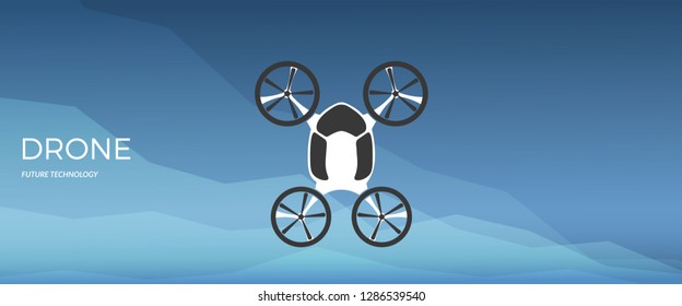 Modern robotic vector illustration background with cool smart robot flying car top view, and text with copy space. Future concept elements design