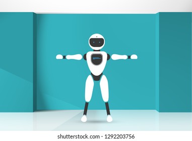 Modern robotic vector illustration background with stylish humanoid robot, smart home assistant in the blue room. Future concept elements design
