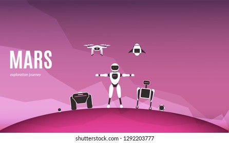 Modern robotic vector illustration. Background with stylish robot, drone, autonomous vehicle, rocket and smart assistant on red planet Mars surface. Future concept elements design