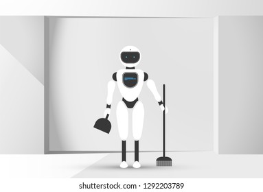 Modern robotic vector illustration background with stylish humanoid robot, smart home assistant, house helper with broom and scoop in the white room. Future concept elements design