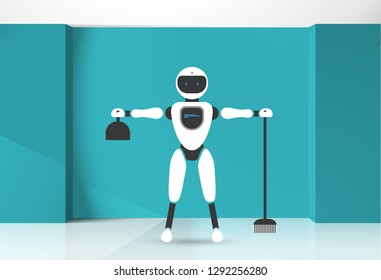 Modern robotic vector illustration background with stylish humanoid robot, smart home assistant, house helper in the blue room. Future concept elements design