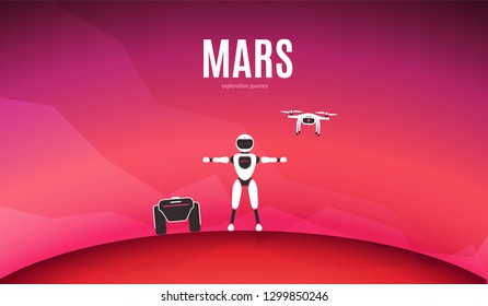 Modern robotic vector illustration. Background with stylish robot, drone, autonomous vehicle on red planet Mars surface. Future concept elements design