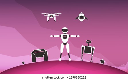 Modern robotic vector illustration. Background with stylish robot, drone, autonomous vehicle, rocket and smart assistant on red planet Mars surface. Future concept elements design