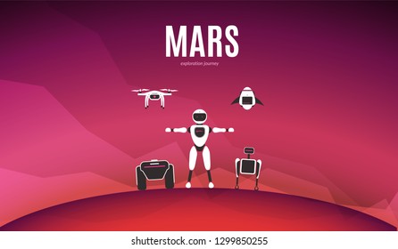 Modern robotic vector illustration. Background with stylish robot, drone, autonomous vehicle, rocket and smart assistant on red planet Mars surface. Future concept elements design
