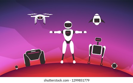 Modern robotic vector illustration. Background with stylish robot, drone, autonomous vehicle, rocket and smart assistant on red planet Mars surface. Future concept elements design