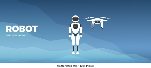Modern robotic vector illustration with stylish humanoid robot, drone, autonomous vehicle and text