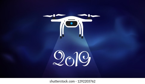 Modern robotic vector illustration web background with cool smart autonomous robot drone in space and 2019 text.
