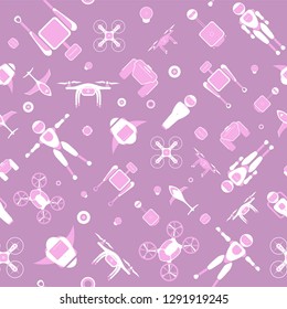 Modern robotic vector seamless pattern, illustration background with stylish robot, drone, autonomous vehicle, flying car and smart home assistant Future concept elements design