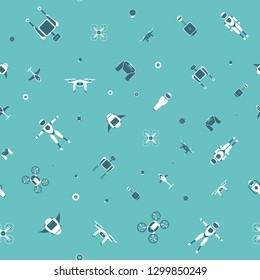 Modern robotic vector seamless pattern, illustration background with stylish robot, drone, autonomous vehicle, flying car and smart home assistant Future concept elements design