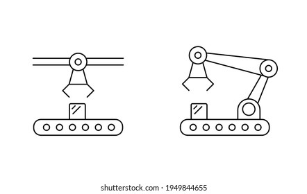 Modern robotics and manual manufacturing assembly icon set. Packaging, loading and warehouse inventory. Fine line art removal. Style illustrations isolated on white.