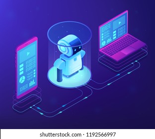 Modern robotics system connected with mobile phone and laptop. WiFi controlled robotics, robotics development, robotic programming concept. Ultraviolet neon vector isometric 3D illustration.