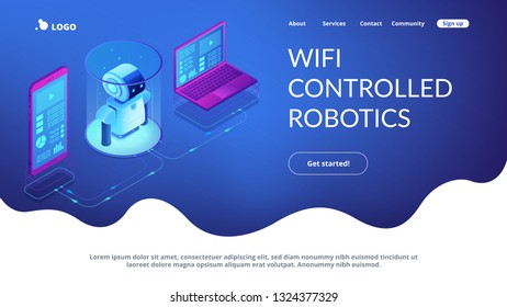 Modernes Robotersystem mit Mobiltelefon und Laptop. WiFi gesteuerte Robotik, Robotik-Entwicklung, robotisches Programmierkonzept. Isometrische 3D-Website-App-Landing-Webpage-Vorlage