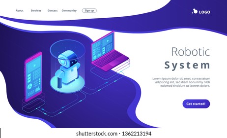 Modern robotics system connected with mobile phone and laptop. WiFi controlled robotics, robotics development, robotic programming concept. Isometric 3D website app landing web page template